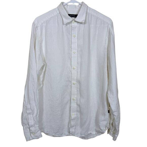 Nautica Men’s White 100% Linen Button-Up Shirt Long Sleeve Size Medium VGUC - Picture 1 of 5